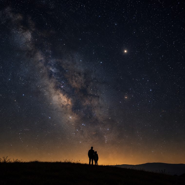 Dos personas bajo un cielo nocturno lleno de estrellas
